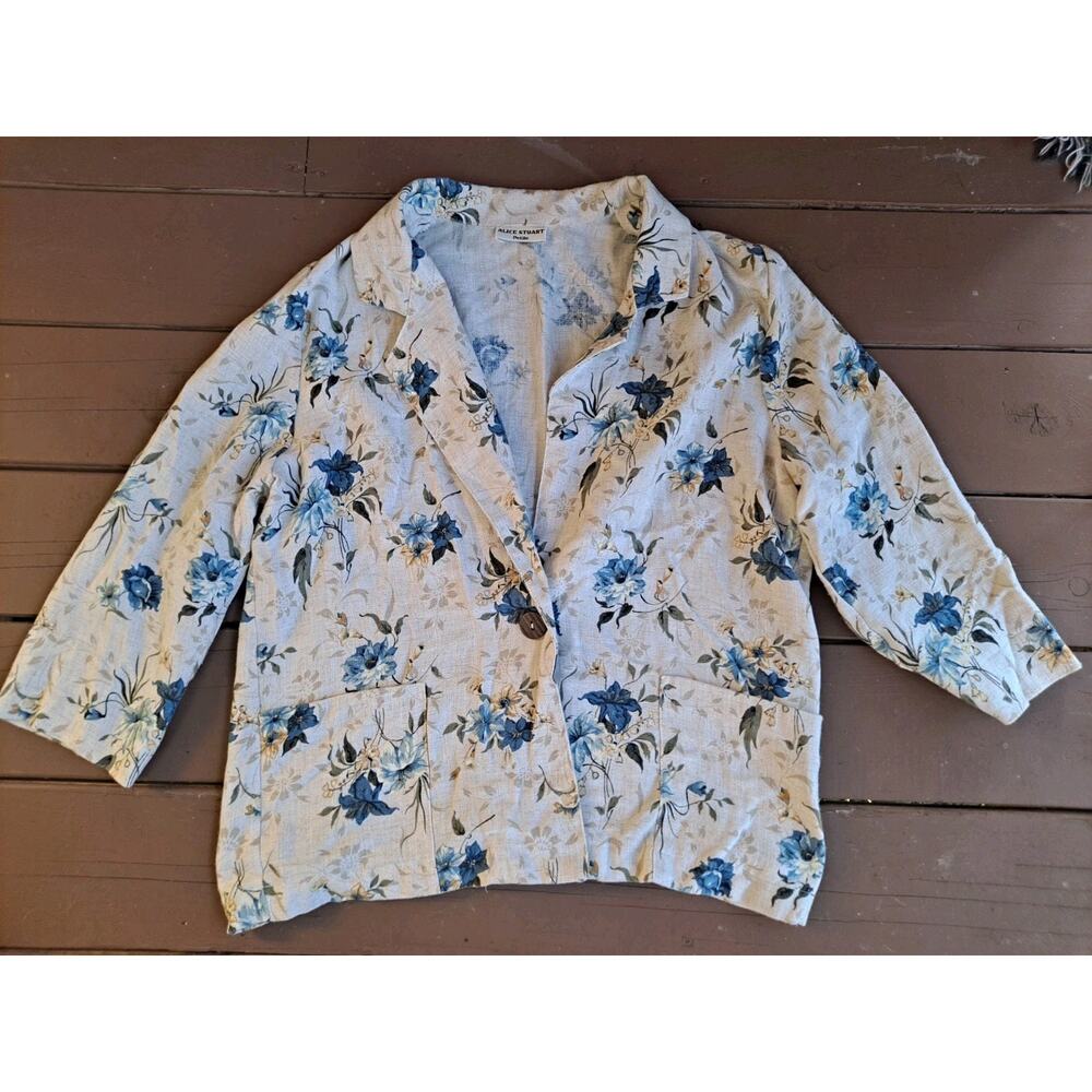 Vintage 70s Joanna Petite Blue Floral Linen Blazer